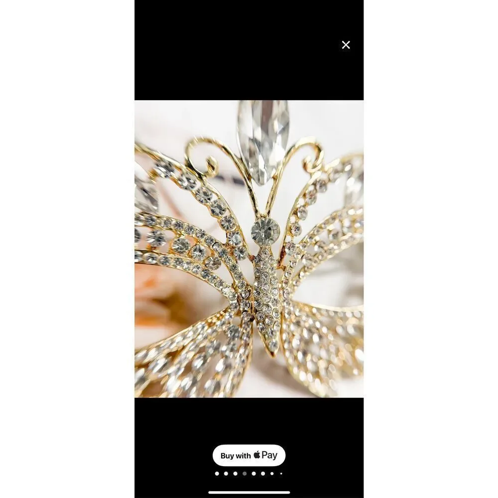 NWT AB Crystal Masquerade Rhinestone Prom Mask With Stick Handheld Gold-tone OS
